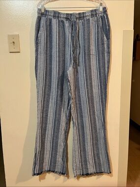 NWOT Linen ROYALTY FOR ME - Blue White Pants Raw Hem 4 Pockets - Functional Tie